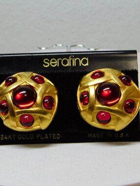 Vintage Serafina Gold Plated Red Cabochon Statement Earrings